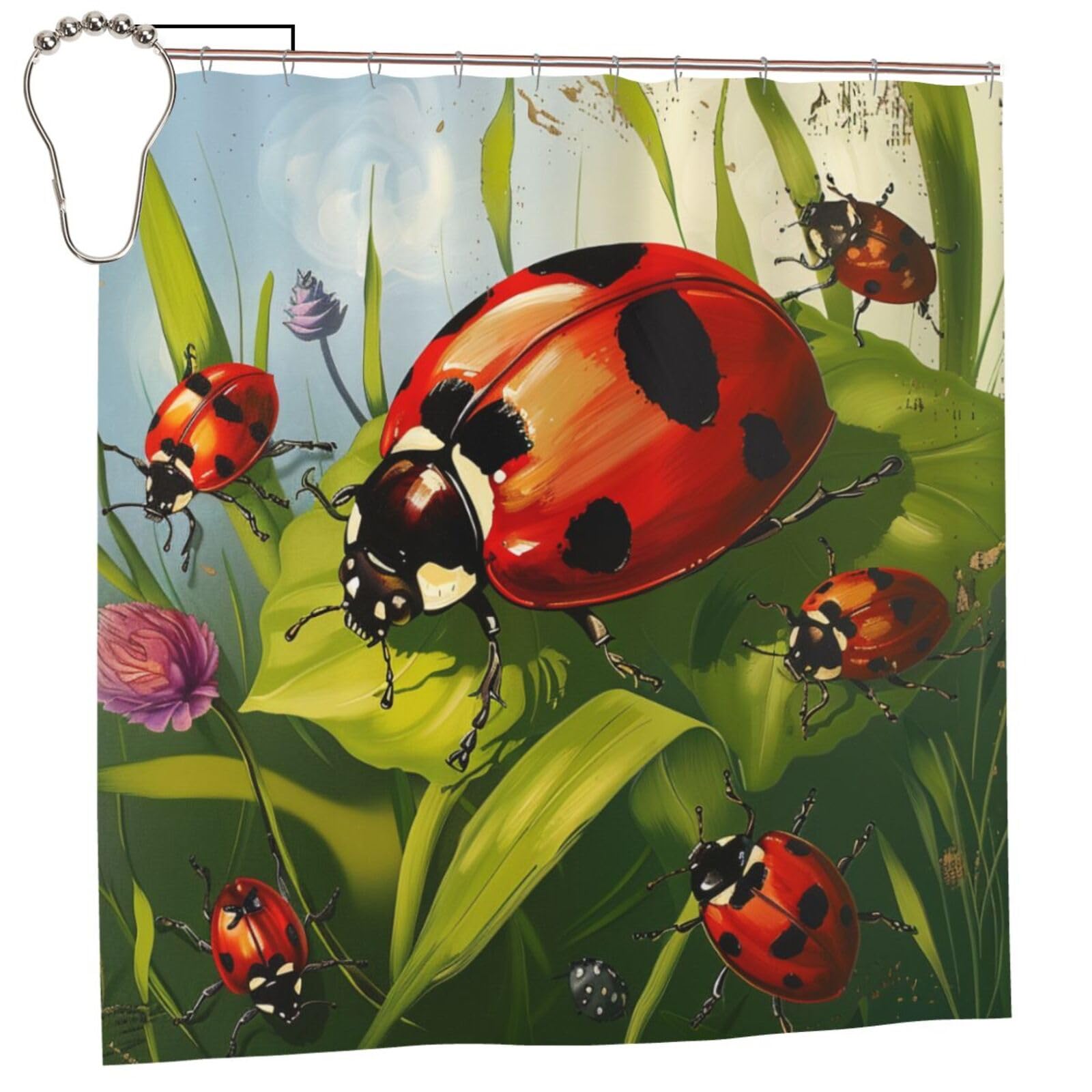 BWWHCCTI Ladybug Printed Shower Curtain With 12 Iron Hooks Opaque Quick Drying Waterproof Shower Curtains Sets For Bathroom 183x183 CM