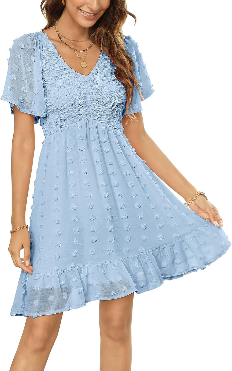 Zattcas Women Smocked Flutter Sleeve V Neck Ruffle Mini Swiss Dot Babydoll Dress : Clothing, Shoes & Jewelry