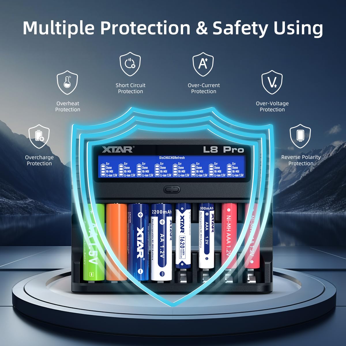 XTAR L8 Pro 8-Fach Ladegerät für AA/AAA 1,2V NiMH und 1,5V Li-Ion, USB-C Smart-Ladegerät mit LCD-Display, 8 Einzelschächte mit Refresh- und Reparaturfunktion