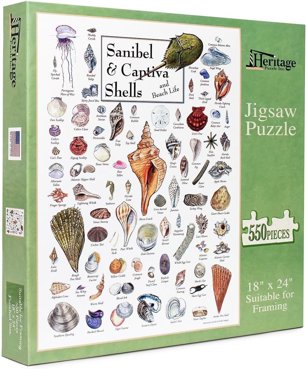 Heritage Puzzle - Shells of Sanibel & Captiva by John & Jackie Leatherbury Douglass 550 Piece Puzzles for Adults - Coastal Nature - Frameable Jigsaw Puzzle 18" x 24" Finished Size