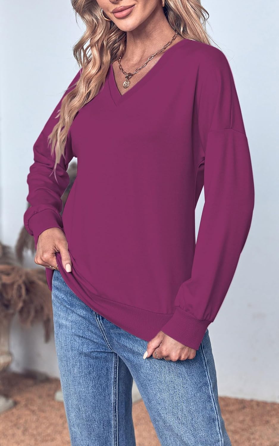 Women's Long Sleeve Sweatshirts No Hood Casual V Neck Lightweight Trendy Fall Spring Basic Pullover Tops - Image 2