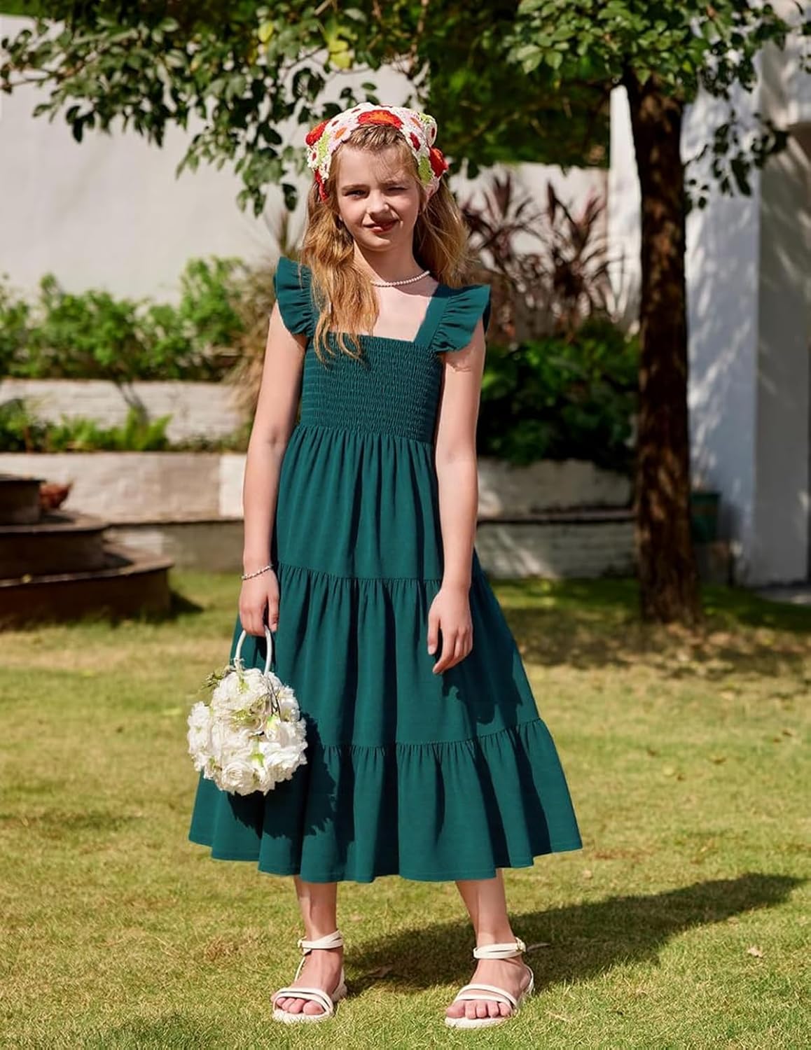 RETSUGO Girls Dresses Summer Flutter Sleeve Swing Casual Solid Color Tiered Smocked Dress 6-14 Years Old - Image 3