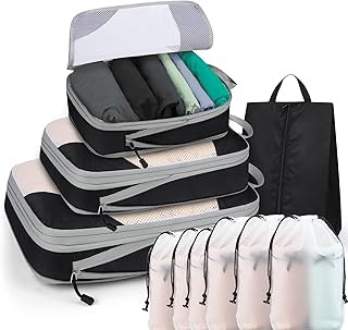 Toketa Compression Packing Cubes Travel, 10pc Set(4 Packing Cubes Luggage Organizer +6 Transparent Shoe Bags) Foldable Compressible Cubes, Underwear Cube, Clothes Organizer & Suitcase Organizer Bags