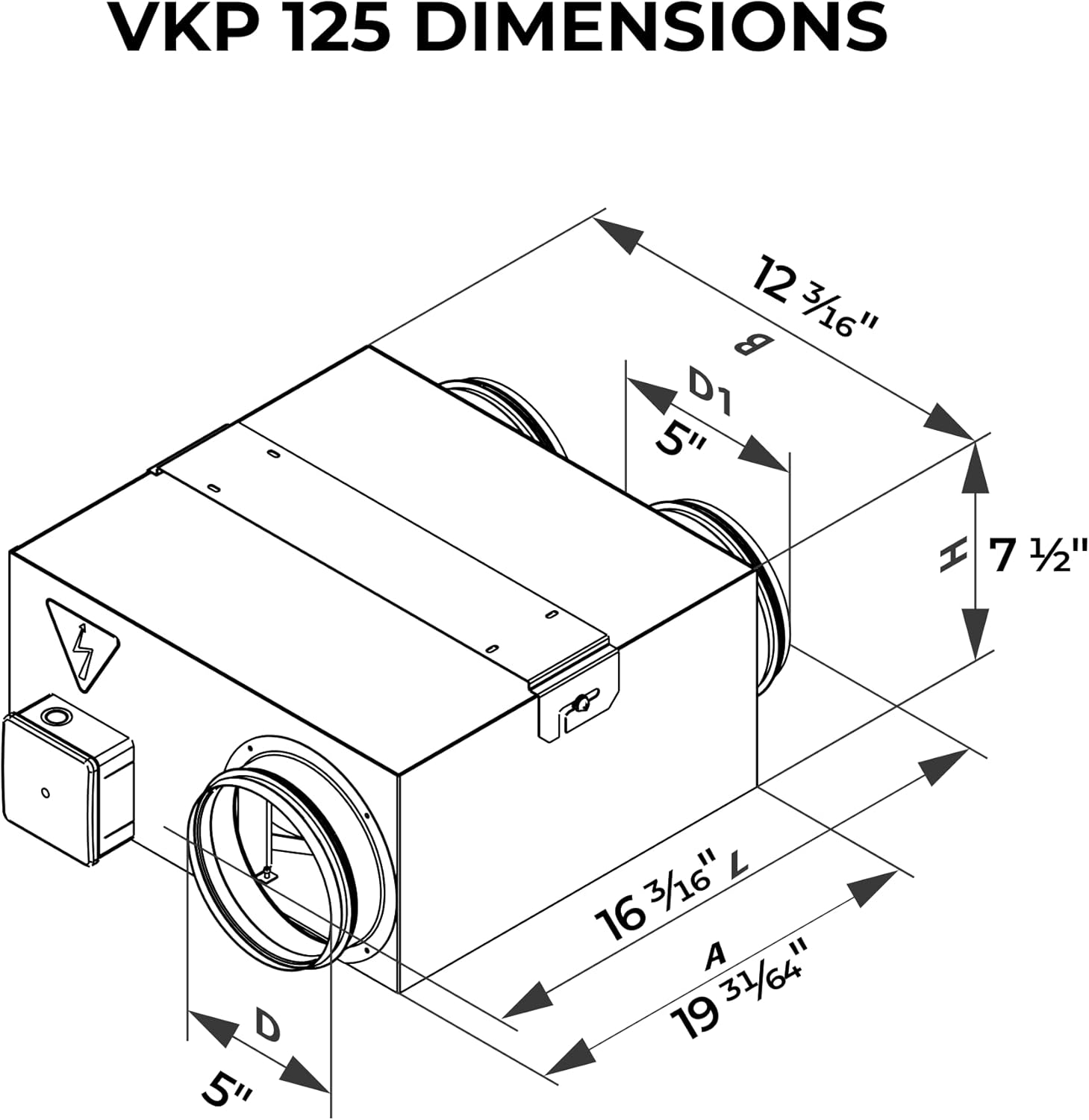 Technical drawing showing the dimensions of the VKP 125 centrifugal fan, including length, width, and height measurements.