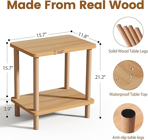 Miniatura 2 de Mesa auxiliar de 2 niveles con patas de madera maciza, mesa auxiliar pequeña, mesita de noche bohemia con estante de almacenamiento, mesita de noche