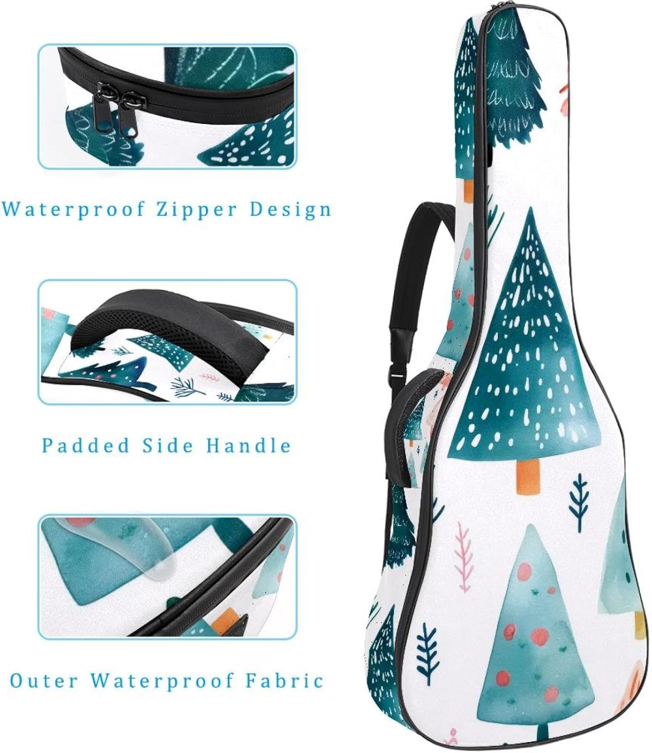 Acoustic Guitar Gig Bag 10mm Thick Padding, Soft Waterproof Guitar Case with Adjustable Backpack Straps for 40-42 Inch Guitar, Watercolor Christmas Trees