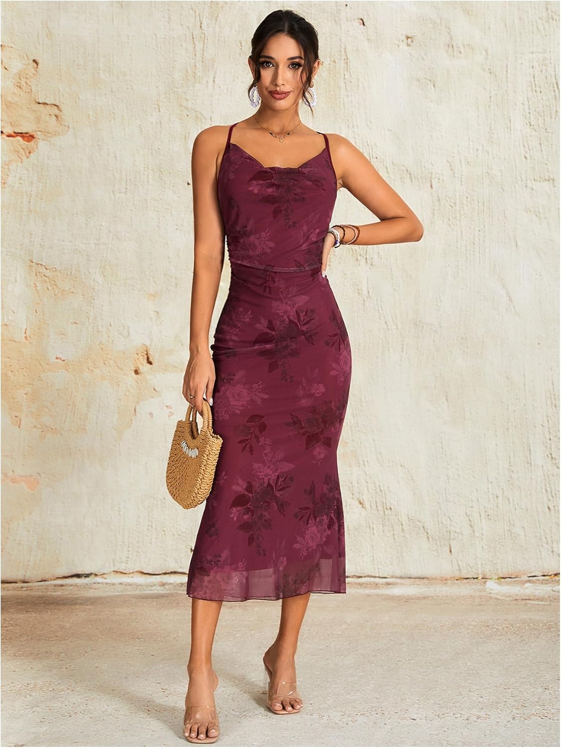 Milumia Women's Floral Cowl Neck Bodycon Maxi Dress Mesh Long Dresses Cocktail Party Fall 2025 - Image 5