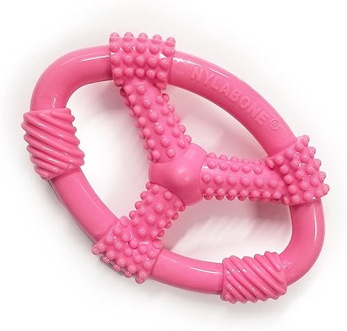 Nylabone Spin Tug & Play - Juguete masticable rosa para cachorros para dentición, suministros para cachorros, sabor a mantequilla de maní, Rosado