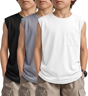 3 Pack Boys Tank Tops Sleeveless Tees | Crew Neck, Pocket Detail, Athletic Style, Casual Wear, Summer, for Boys 5-14Y, School, Daily Wear