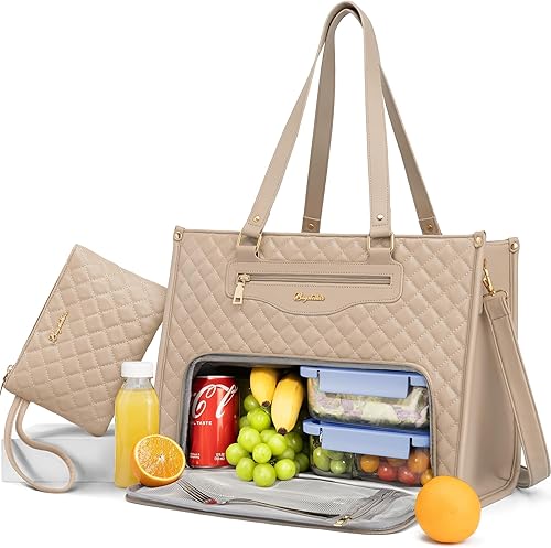 Bolsa de almuerzo para mujer, bolsa de trabajo para laptop de 15.6 pulgadas con compartimento aislado para lonchera y bolso, bolso acolchado de gran