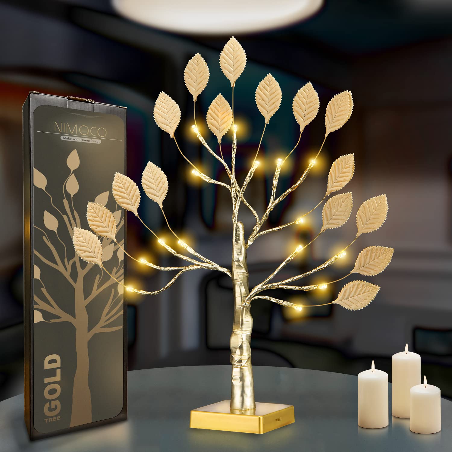 NIMOCO 20 Inch Tabletop Lighted Tree, Bedside Healing Bonsai Fortune Money Tree Battery Powered Warm LED Lights Tree for Gift Home Party Festival Wedding Decorations(Golden)