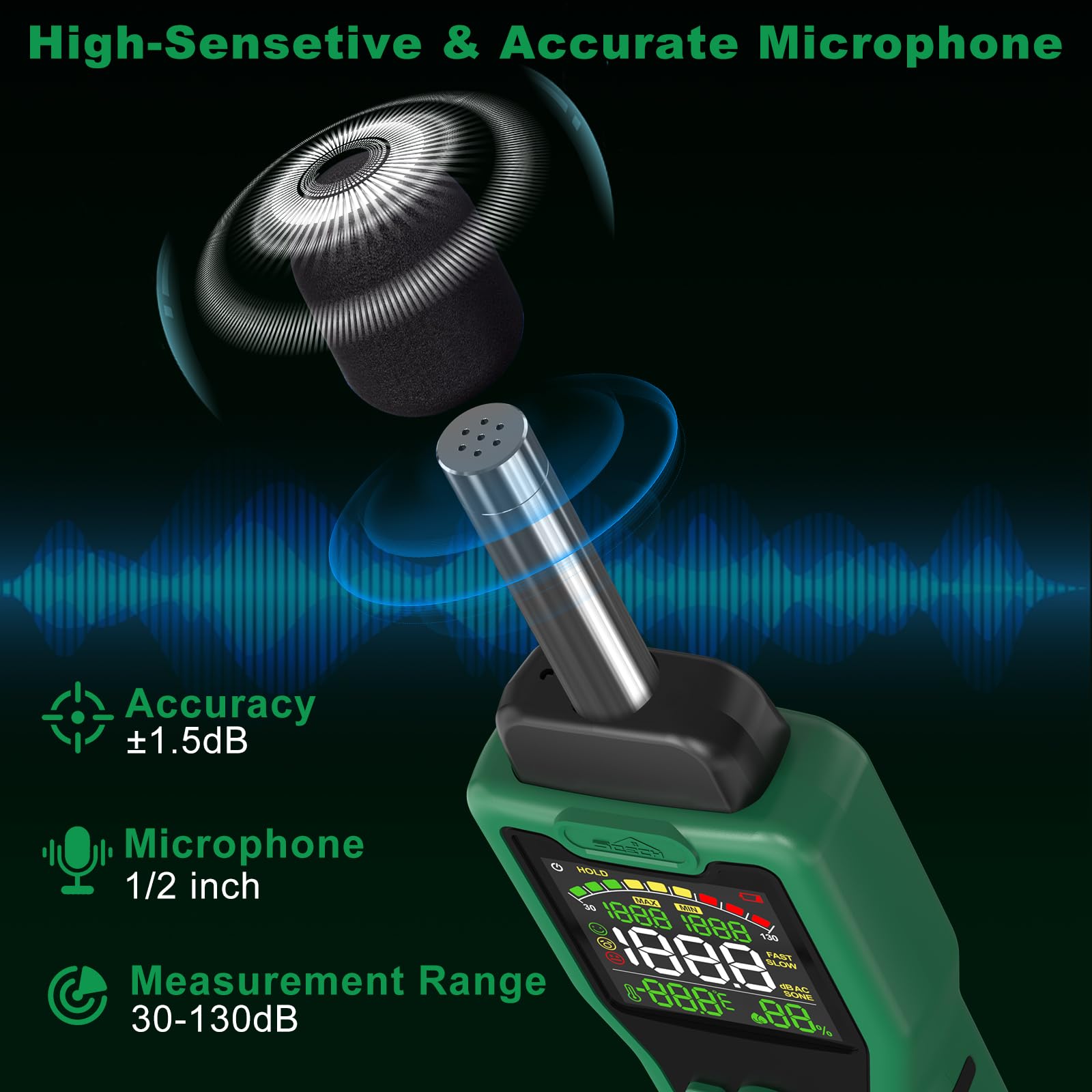 Sonometro, Medidor de Decibelios SQECH que Puede Medir Temperatura y Humedad, Decibelimetro de Pantalla Retroiluminada a Color, Pondération A/C, Unidades dB/SONE, Respuesta rápida/lenta, 30–130dB