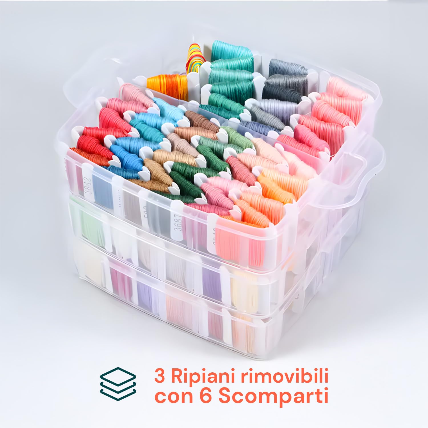Wintem – Kit Ricamo con 150 Fili Colorati, Contenitore a 3 Livelli con 6 Scomparti, Accessori Inclusi per Punto Croce e Braccialetti, Ideale per Principianti e Ricamo Creativo