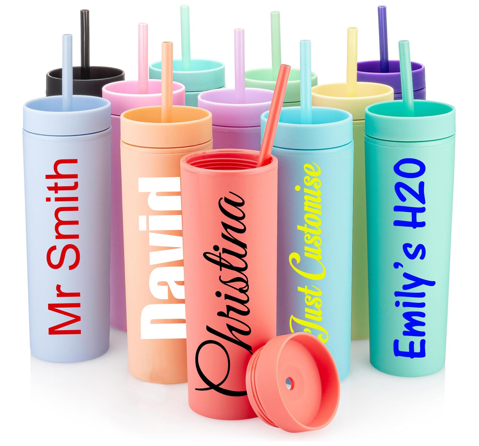 Personalised Custom Skinny Tumbler Bottle with Straw and Screw top - Any Name, Word, Business, Sports, School, Promotional Merchandise
