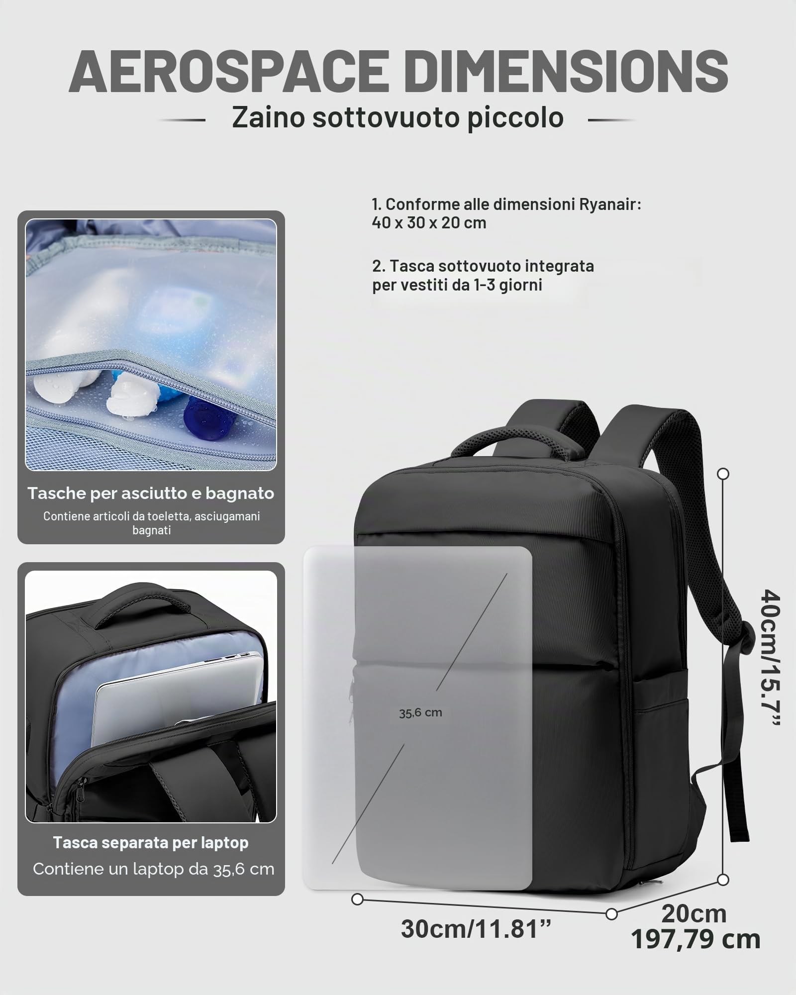 Zaino Ryanair 40x30x20 Sottovuoto con Pompa, Zaino da Viaggio Impermeabile, Bagaglio a Mano 40x30x20, Porta PC 15,6", Uomo Donna, Nero