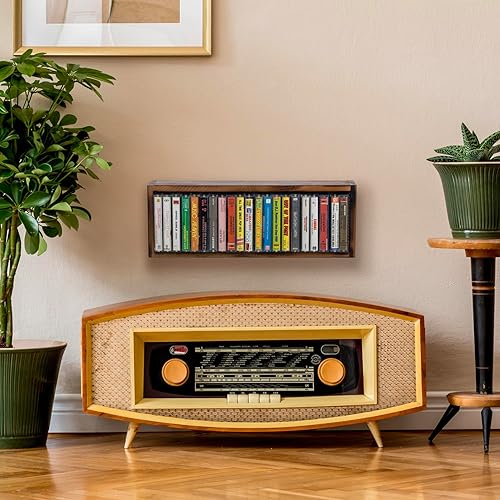 Miniatura 3 de FARM IN Almacenamiento de cinta de casete, estilo granja, estante de casete para montaje en mesa o pared, madera maciza rústica quemada y malla de