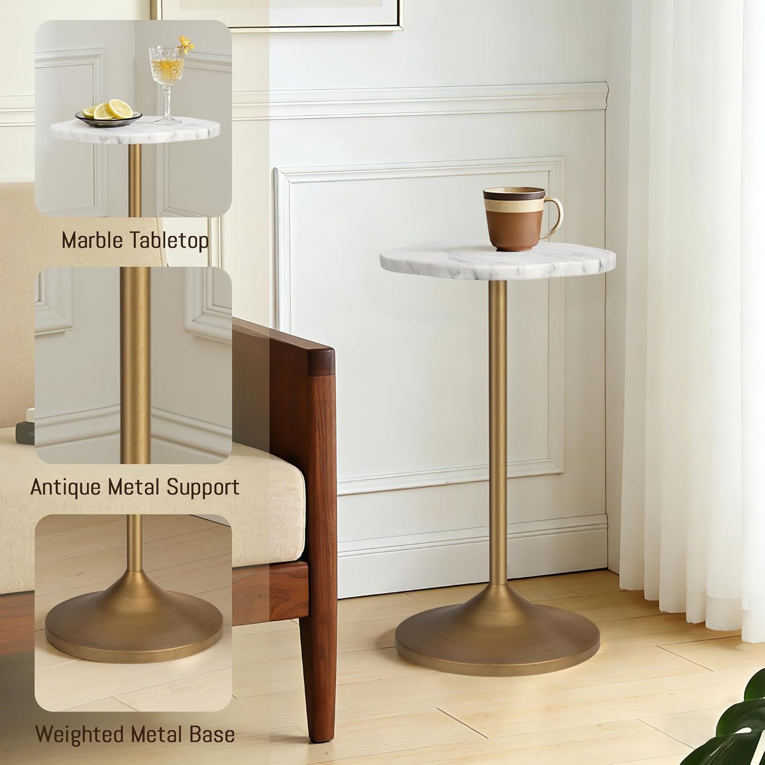 Aoligrace White Marble Drink Table,Small End Table with Metal Pedestal Stand,Antique Gold Cocktail Martini Tables for Small Spaces,Modern Side Tables for Living Room,Patio,Bedroom