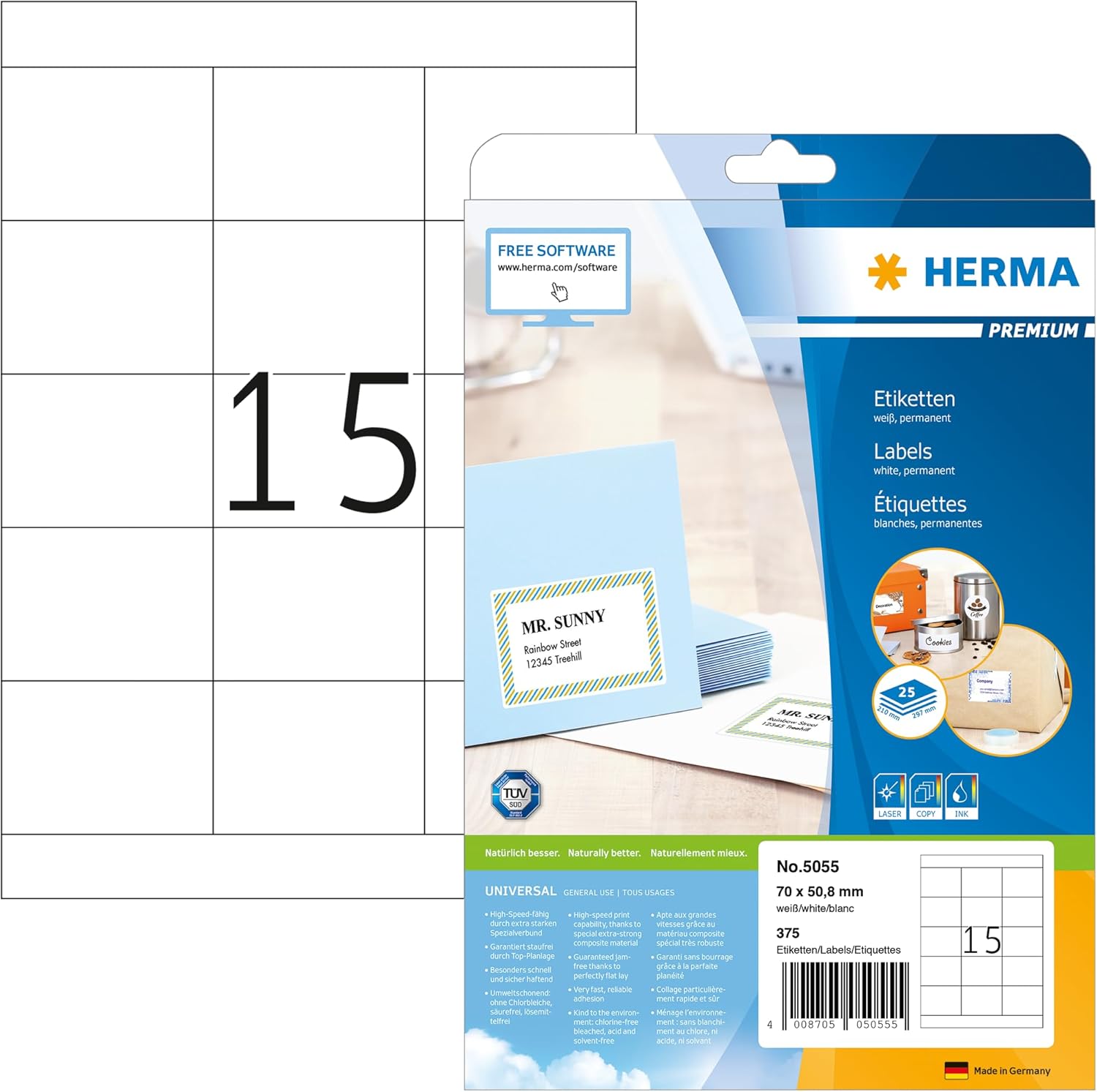 HERMA Self Adhesive Multi-Purpose Labels, 15 Labels Per A4 Sheet, 375 Labels for Laser and Inkjet Printers, 70 x 50.8 mm (5055), White