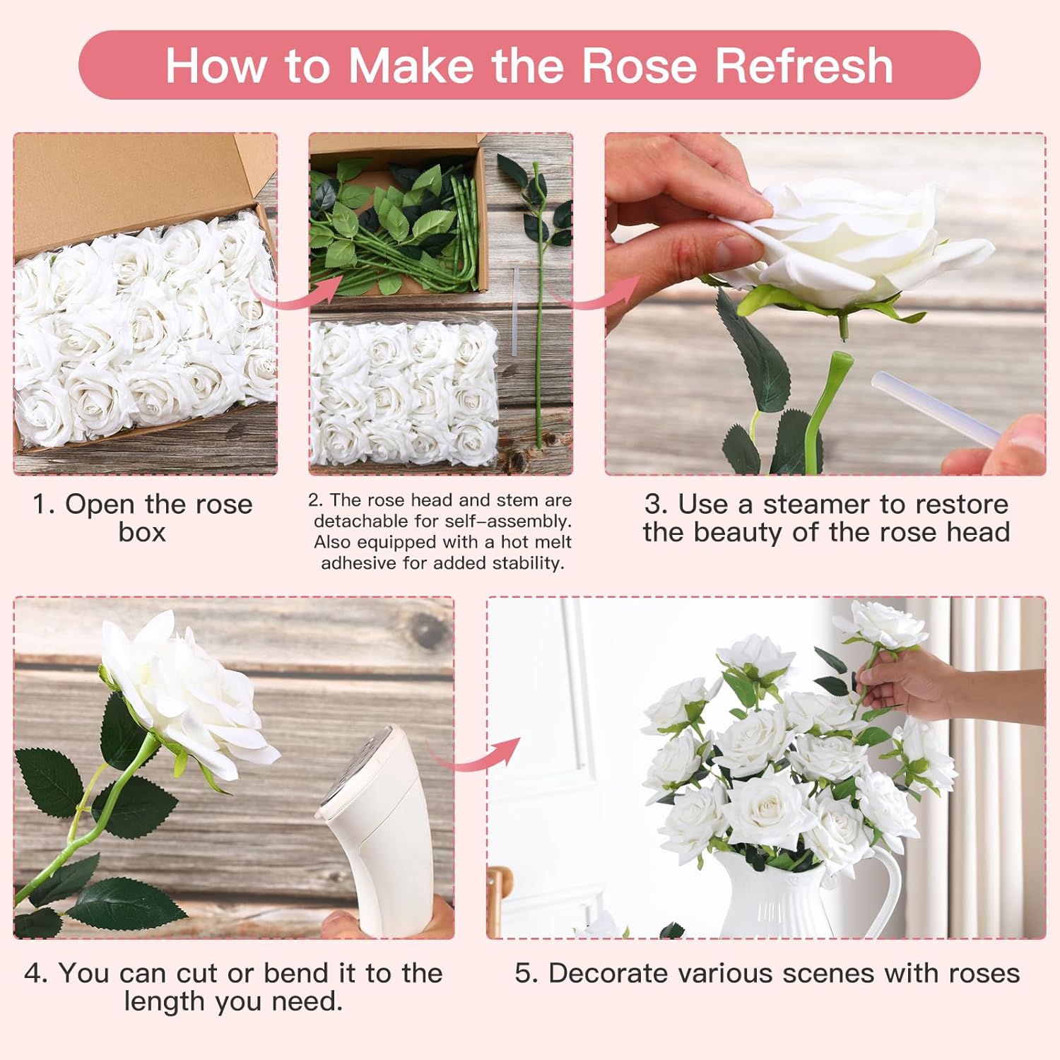 Floweroyal 15PCS White Roses Artificial Flowers 4.33" Velvet Flowers with Long Stem Fake Roses for Valentine's Day, Wedding Bridal Bouquets, Floral Arrangement, Table Centerpieces, Home Decorations - Image 7