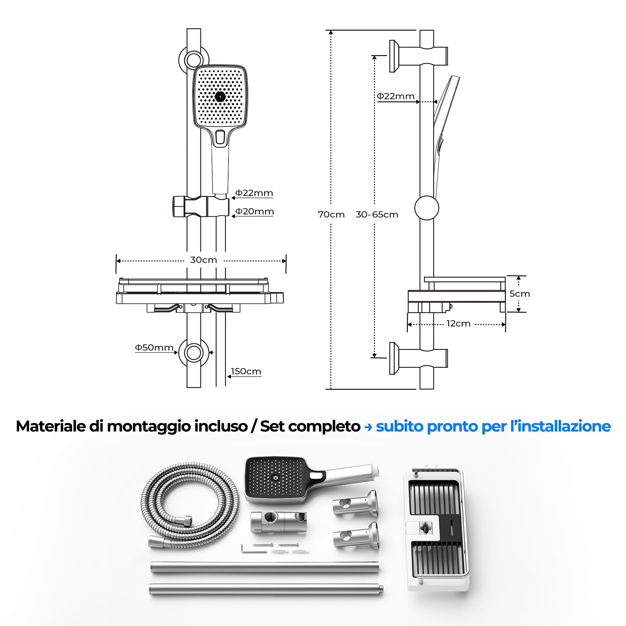 JOHO Colonna Doccia Senza Miscelatore, Asta Doccia Acciaio Inox 70 cm con Supporto Soffione Regolabile, Saliscendi Doccia Adattarsi ai Fori Esistenti con Doccetta 3 Geti e Mensola, Cromo