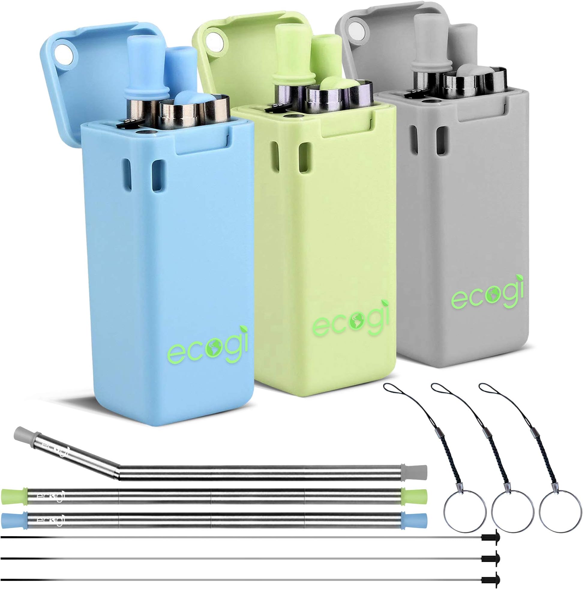 ecogi Folding Straw 3-Pack | Reusable Stainless Steel Straws | Collapsible Expandable High Food Grade Portable Set with Cleaning Brush and Hard Carrying Case | Dishwasher Safe | Blue Gray Green