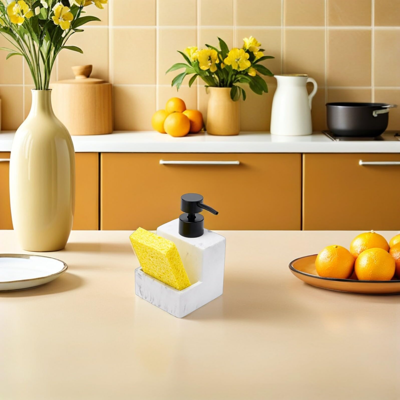 DOITOOL Dispenser di Detersivo per Piatti e Porta Spugna in Resina Effetto Marmo, Set Multifunzionale per Cucina e Bagno, Contenitore Organizzatore per Lavello da Banco, Erogazione