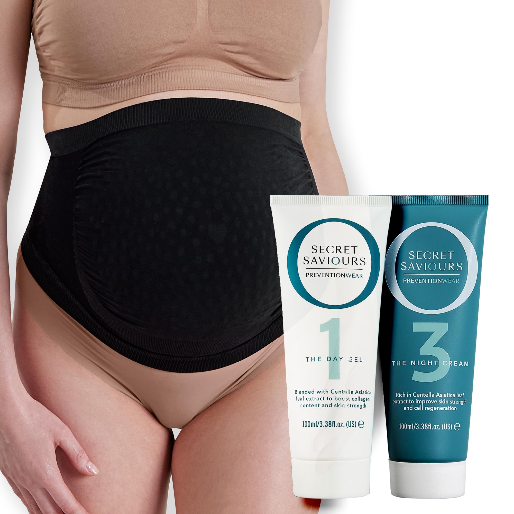 Secret Saviours Preventionwear The Band Kit for Stretch Mark Prevention - Day Gel, Bump Band and Night Cream - Pregnancy Skincare Essentials (Black, Large)