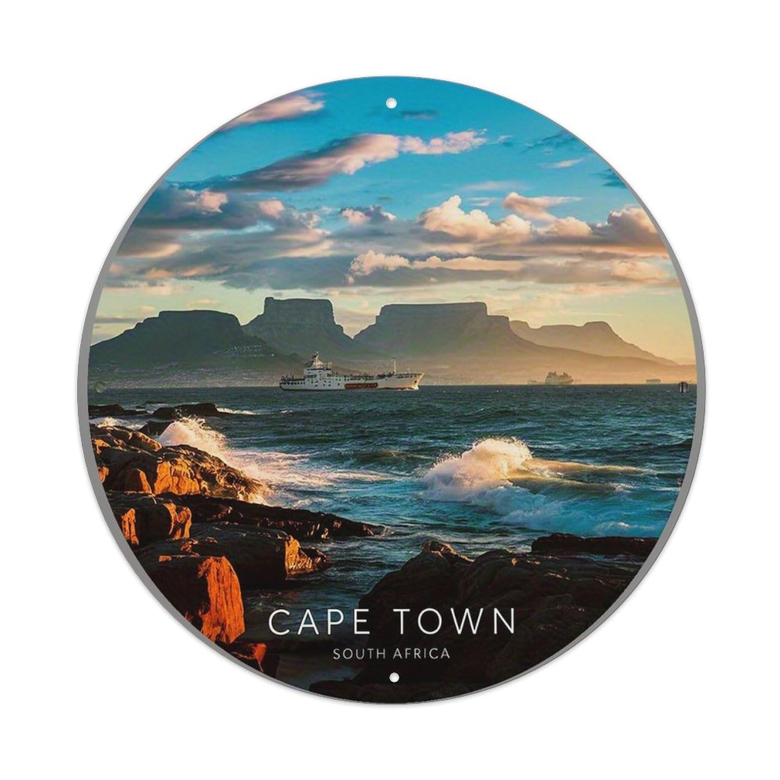 Cape Town Landscape Sunset Ocean Mountains Round Metal Tin Sign Vintage Wall Decor, Bar Garage Cafe Kitchen Home Wall Art Poster 8x8inches