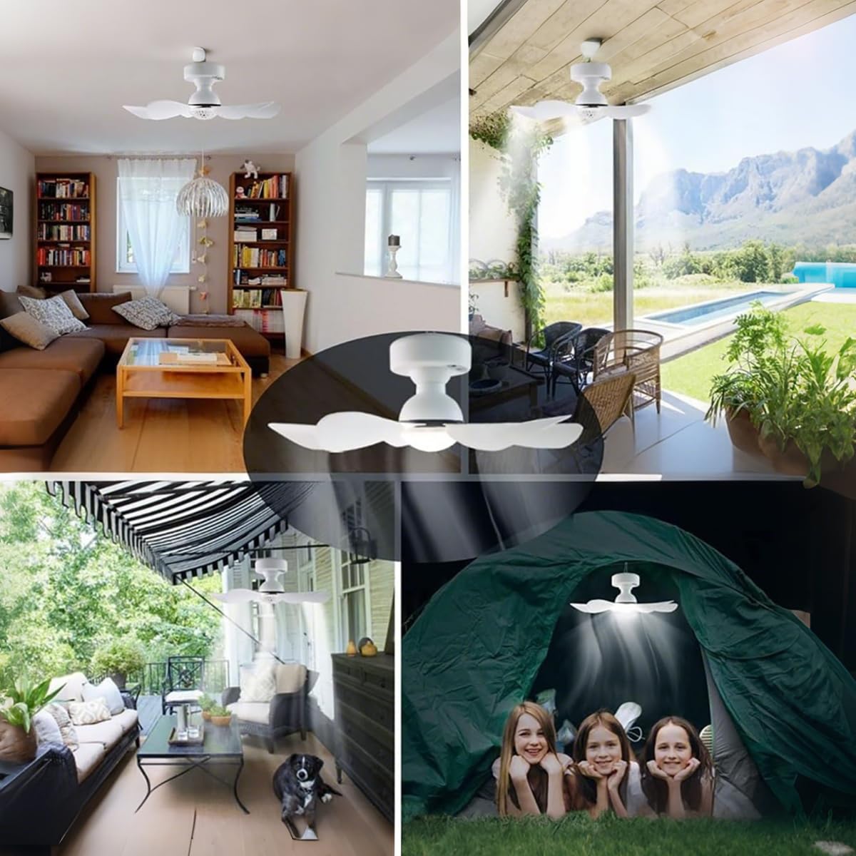 KZT Ventilatore solare da soffitto con illuminazione e telecomando, LED dimmerabile, lampada da soffitto a tre velocità, luce regolabile per esterni, giardino, gazebo, campeggio
