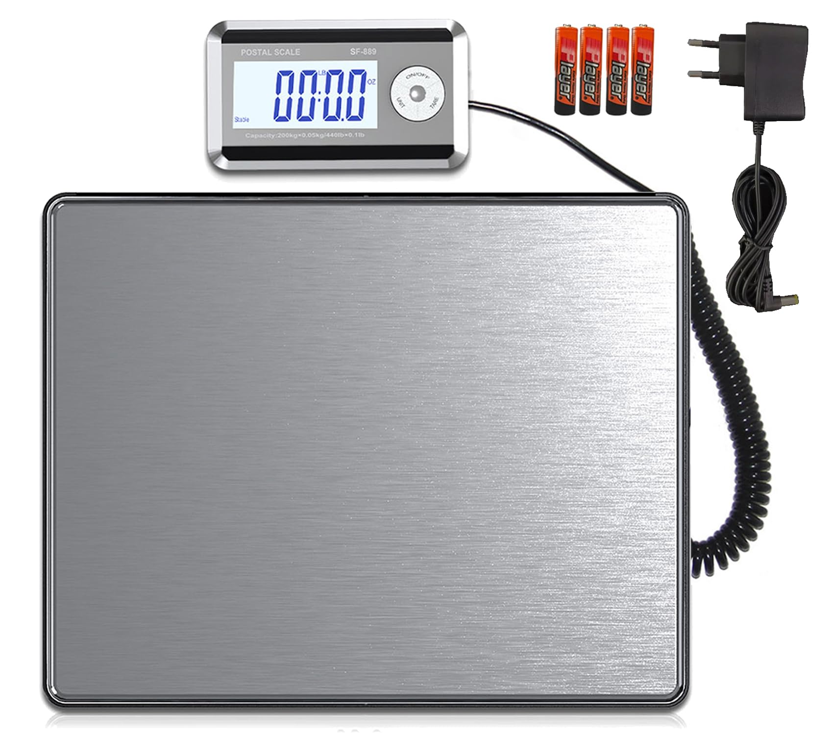 Nilpferd Paketwaage bis 200kg/50g Plattformwaage Briefwaage mit Große Plattform L*B-38,8 * 30,8 cm aus Edelstahl,Externes Beleuchtetes LCD Display 4*AA-Batterien oder AC-Adapter (Silber1)
