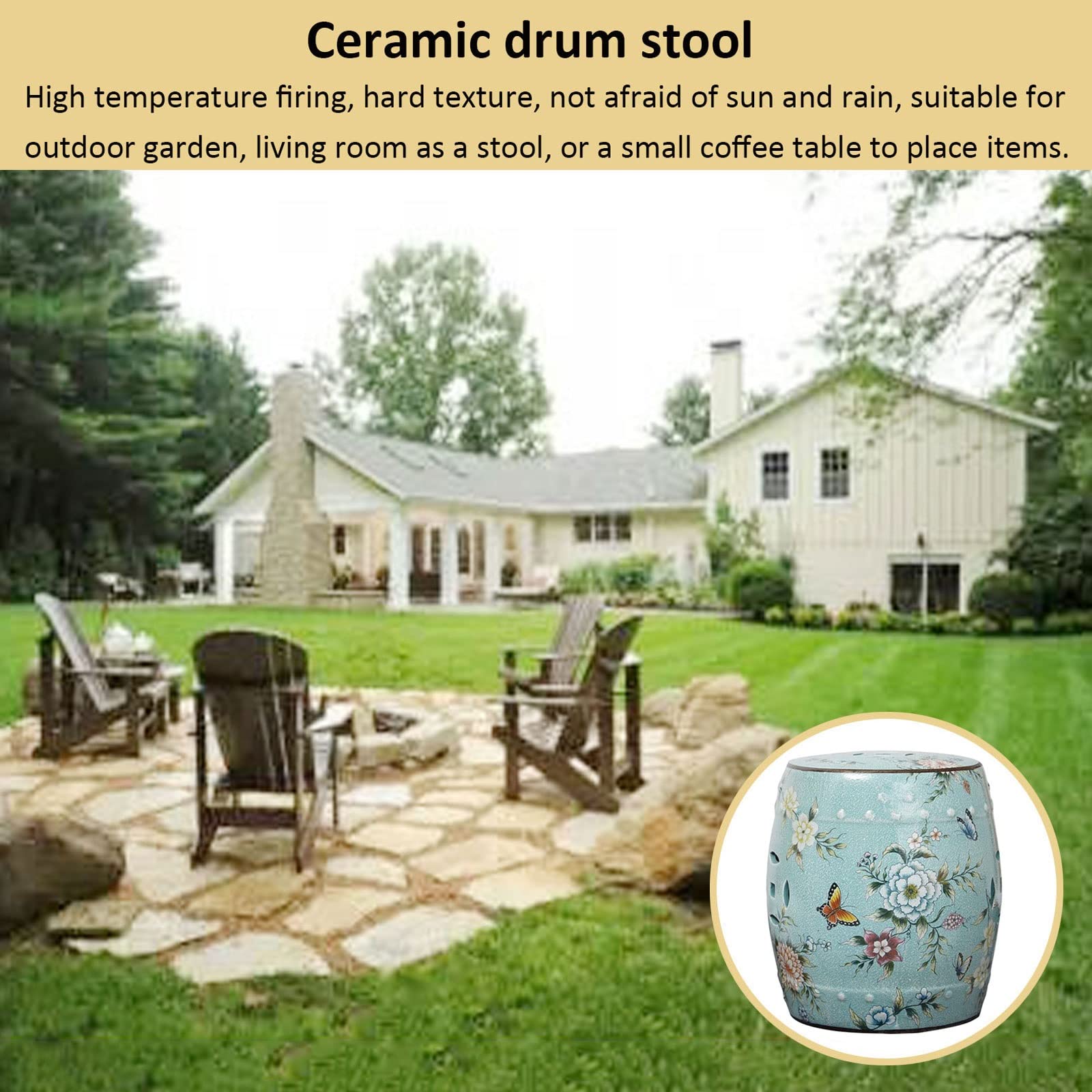 Tabourets de Jardin décoratifs, Tabouret de Jardin décoratif en céramique, taboude Fleur et d'oiseau, Tabouret Tambour, adapté au Jardin extérieur, au Salon, à la terrasse, etc. (Bleu Clair)