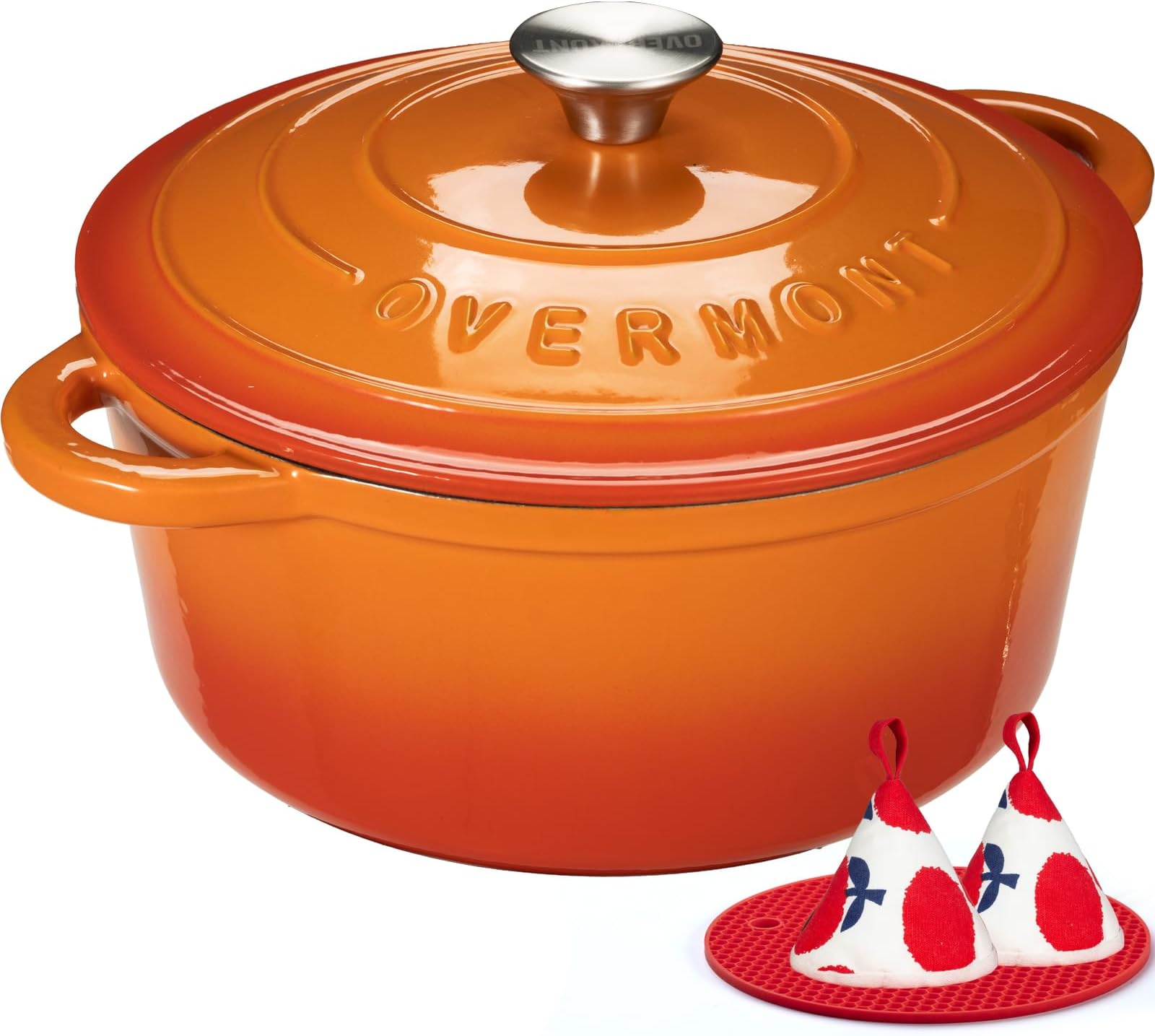 Overmont 24cm/4.2L Enamelled Cast Iron Round Casserole Pot With Lid Cookbook & Cotton Potholders - Non-stick Dutch Oven Cookware for Braising, Stews, Roasting, Bread Baking - Pumpkin, 4.5QT