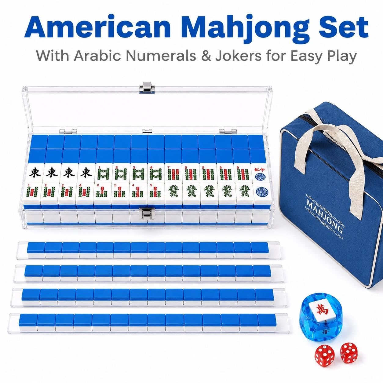 Komplettes amerikanisches Mahjong‑Set, 166‑teilig mit Zubehör | Amerikanisches Mahjong‑Set,166 Melamin‑Steine,Acryl‑Gestelle,Koffer,Tasche,optionale Matte für Familienspiele