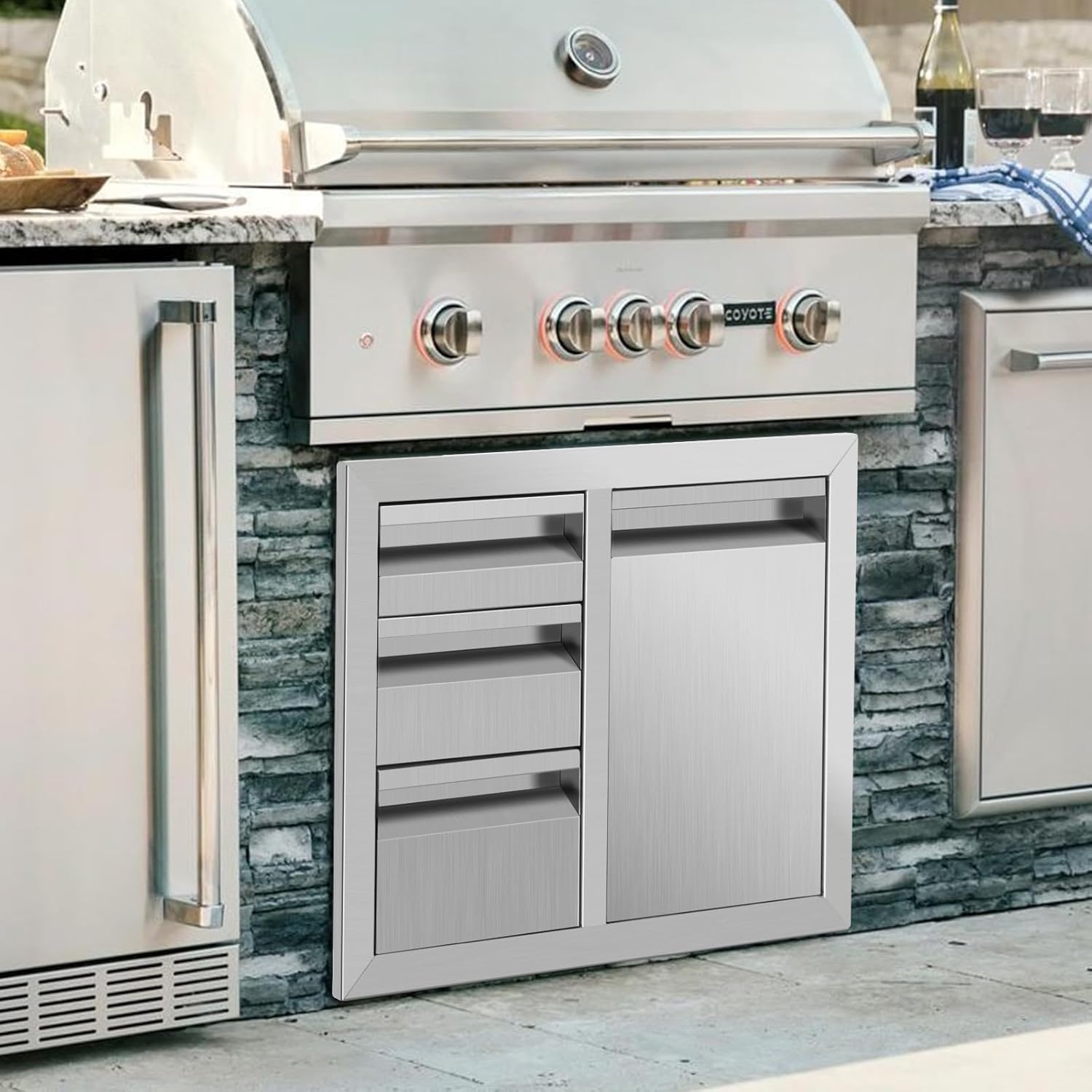 29.5W x 22.6H x 21.7D Outdoor Kitchen Drawer Combo BBQ Access Triple Propane Drawers with Welded Trash Ring Designed for BBQ Island Grill Station
