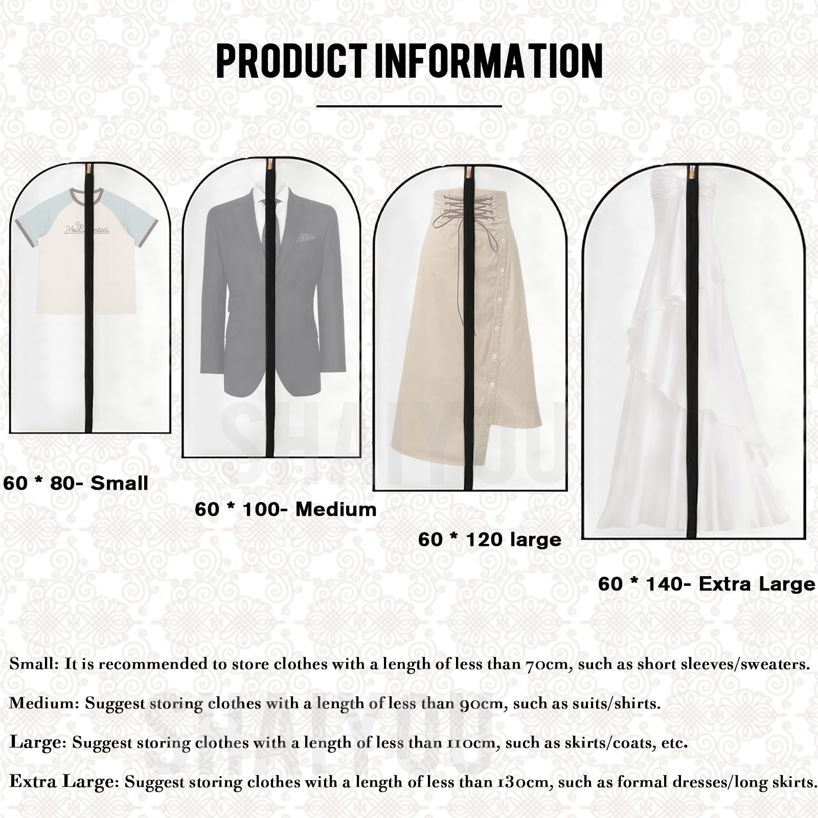 Paquete de 5 Fundas de plástico translúcidas para Ropa, Lavables, Ligeras y con Cremallera Completa, para Trajes, Abrigos, Vestidos Largos (Negro, 60 x 140 cm, 23,6 x 51,1 Pulgadas