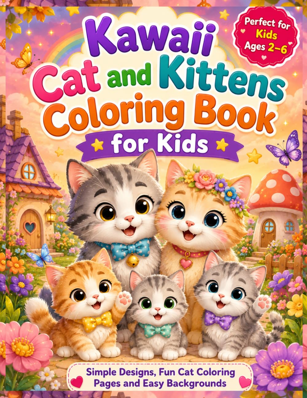 Kawaii Cat and Kittens Coloring Book for Kids: Easy Kawaii Cat Coloring Book for Beginners with Cute Kittens, Simple Designs, Fun Cat Coloring Pages and Easy Backgrounds