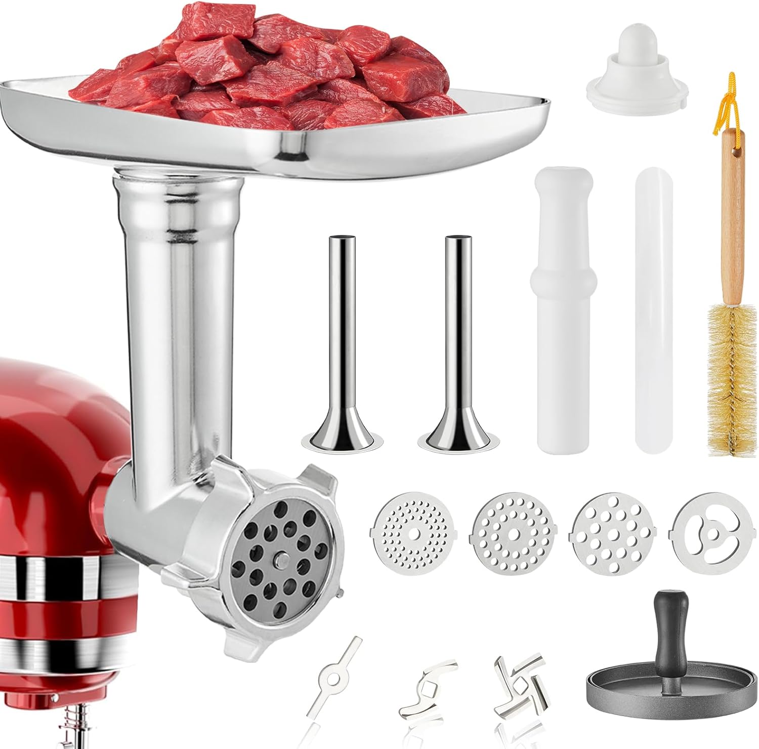 KAMJUNTAR Meat Grinder Attachment for Kitchenaid Stand Mixer, Metal Kitchen Aide Grinder Attachment Kitchenaid Food Grinder Attachment, Sausage Stuffer, Burger Press, Not Dishwasher Safe, Total 16 Pcs