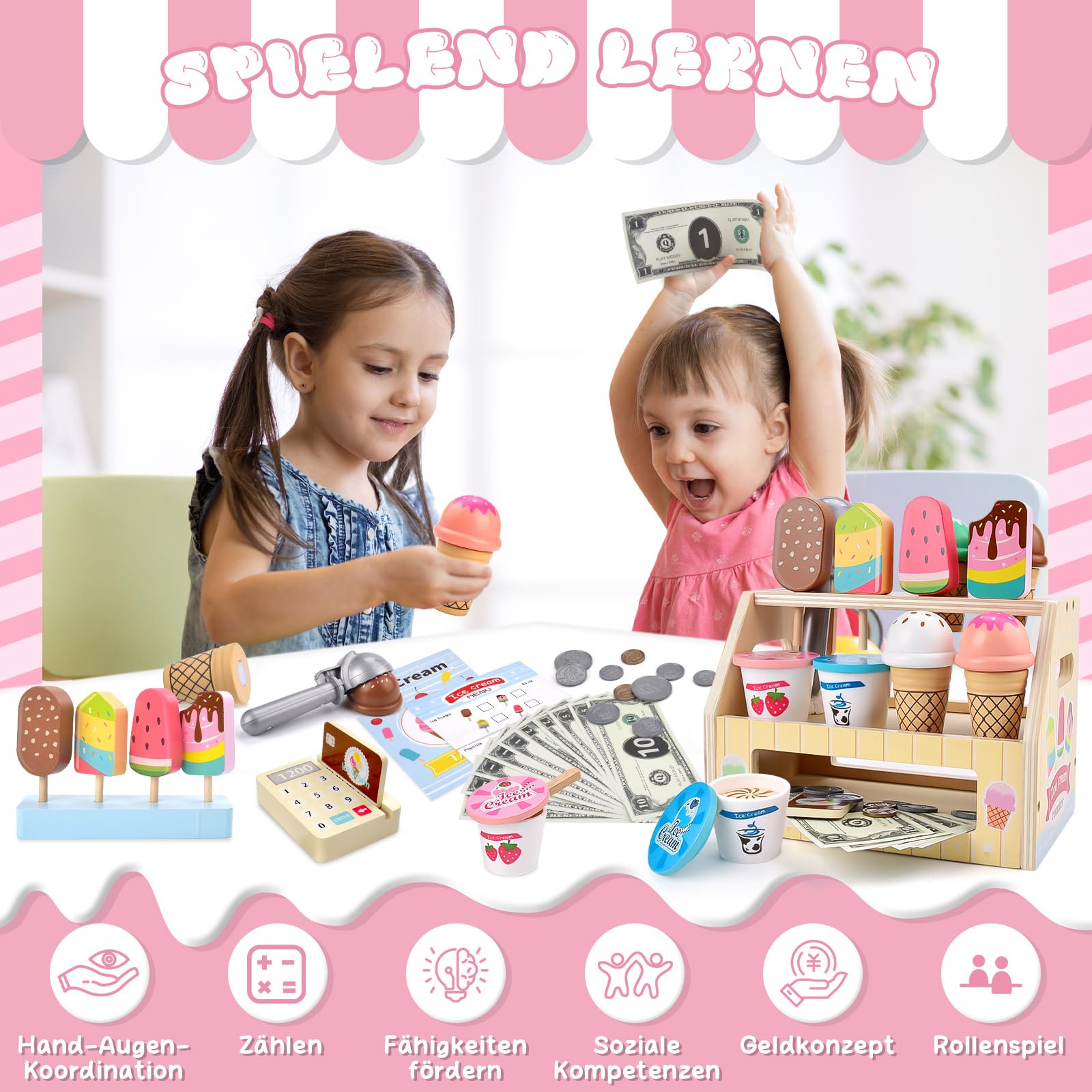 Qufby Gelateria in Legno, Set da Gelateria da 46 PCS, 8 Coni Gelato o 2 Coppe Gelato, Include Banconote e Monete Giocattolo, Calcolatrice e Carte di Credito, Regalo per Bambine di 3, 4, 5, 6 Anni