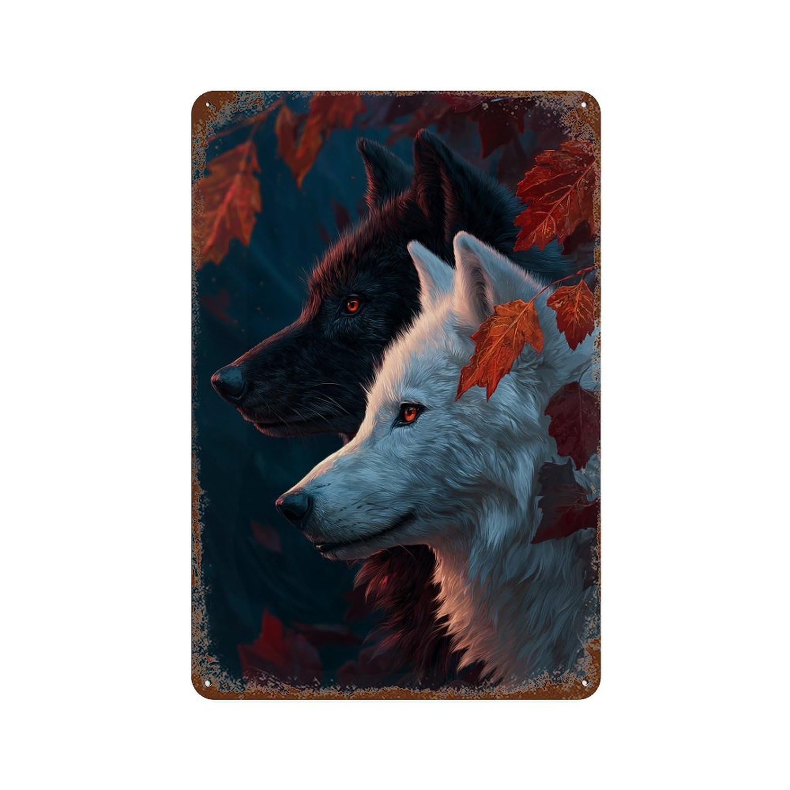Autumn Wolf Pair Retro Metal Sign 11.8"x7.9", Vintage Wall Decor for Bistro, Counter And Cafe Decor
