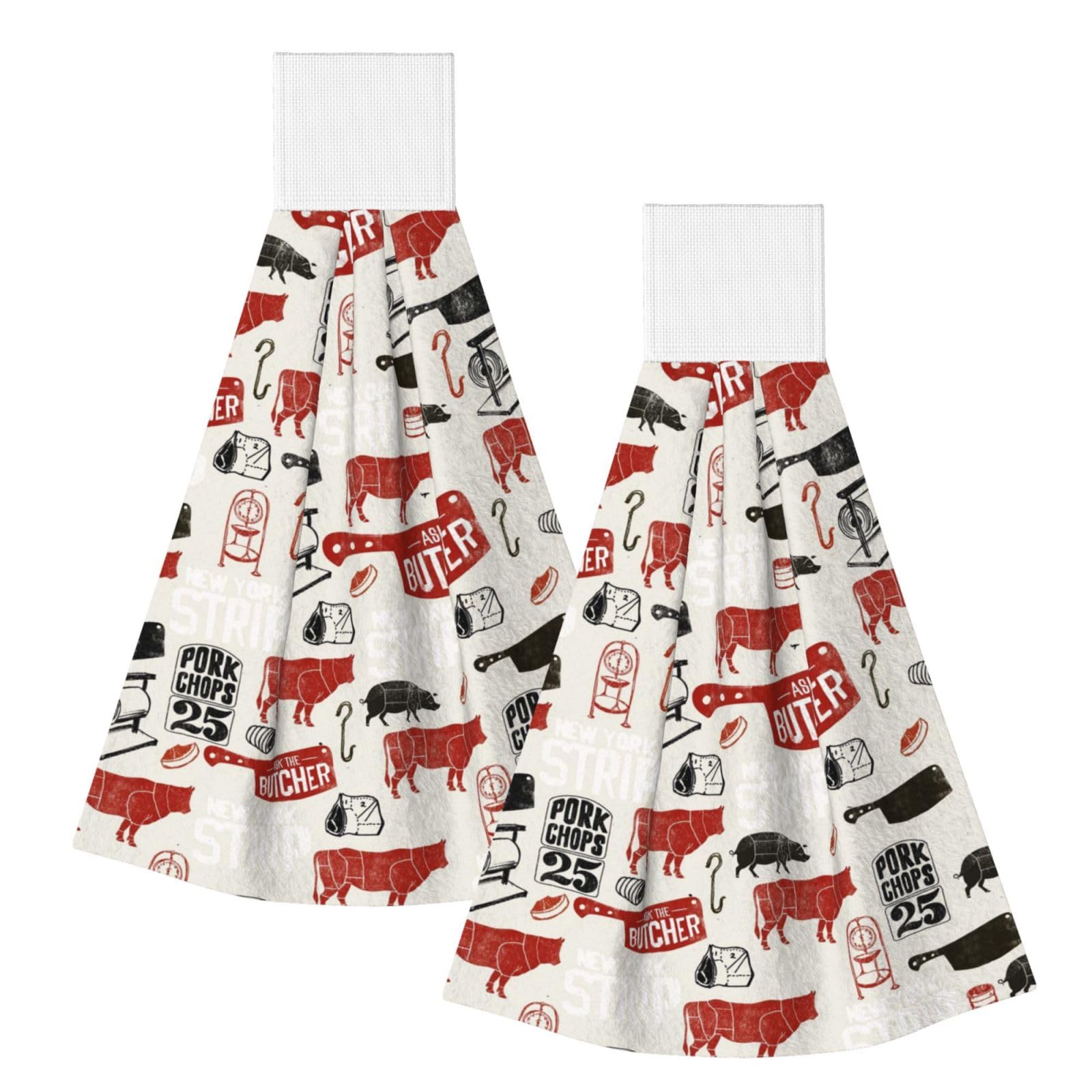 DOPKLNA Meat Butcher Pattern, 2 Pcs Hanging Coral Fiber Hand Towels for Bathroom, Absorbent Kitchen Towels