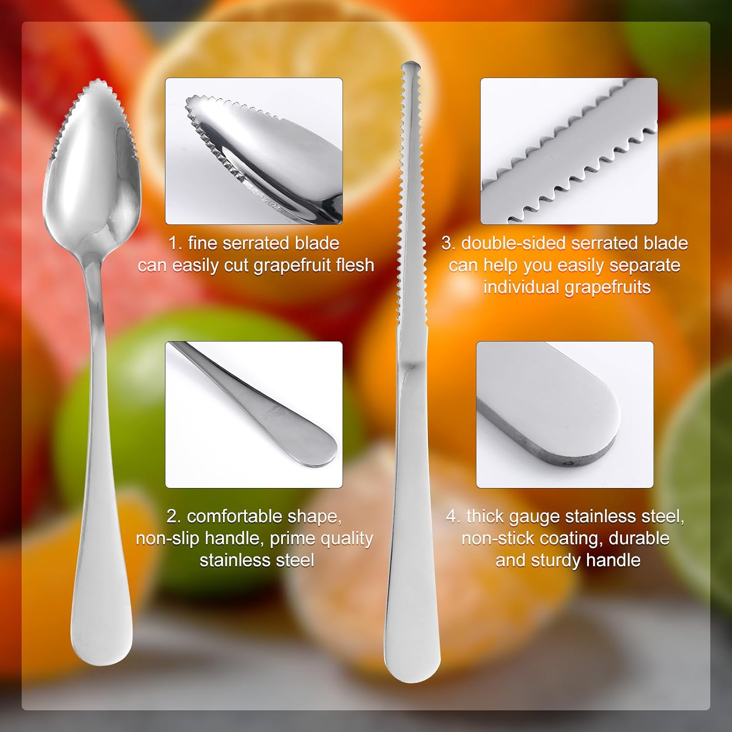 3pcs Grapefruit Spoons and Knife Set with Serrated Edge, Stainless Steel Grapefruit Curved Serving Utensils for Citrus Lemon Kiwi Melon Lime Pitaya Fruit image 4