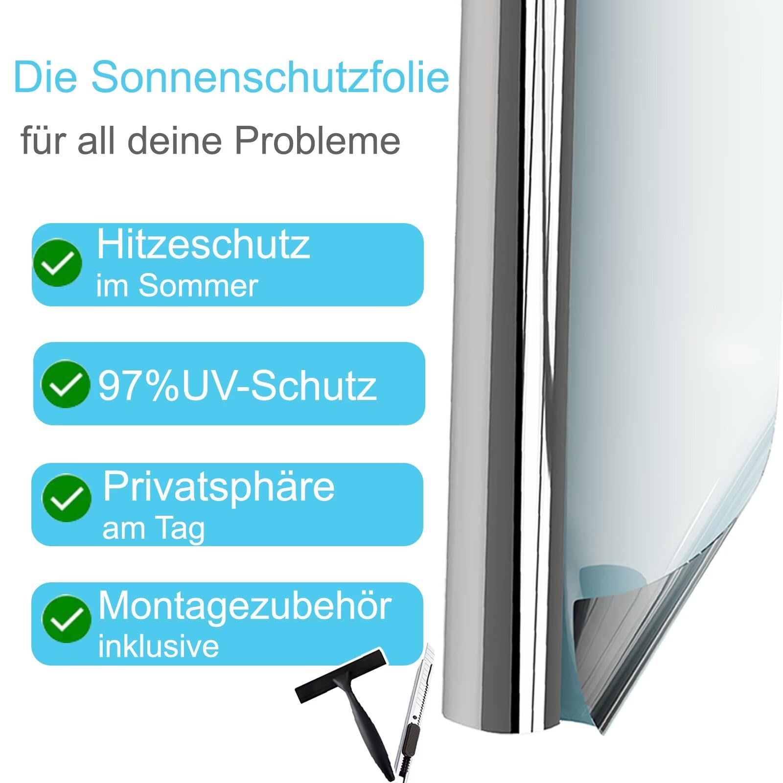 Hitzeschutzfolie Fenster außen & Innen Spiegelfolie Fenster Sichtschutz Fensterfolie Hitzeschutz Sonnenschutzfolie UV Schutzfolie Thermofolie Fenster gegen Hitze für Sommer Silber 90x200cm