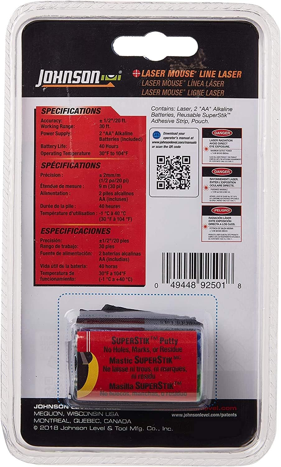 Johnson Level & Tool 9250 Laser Mouse, 30' Interior Range, Orange, 1 Laser Mouse - - 