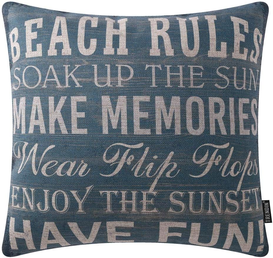 TRENDIN Farmhouse Beach Rules Pillow Covers 18 x 18 Inch with Quotes for Beach Home Decor Housewarming Gifts PL437TR
