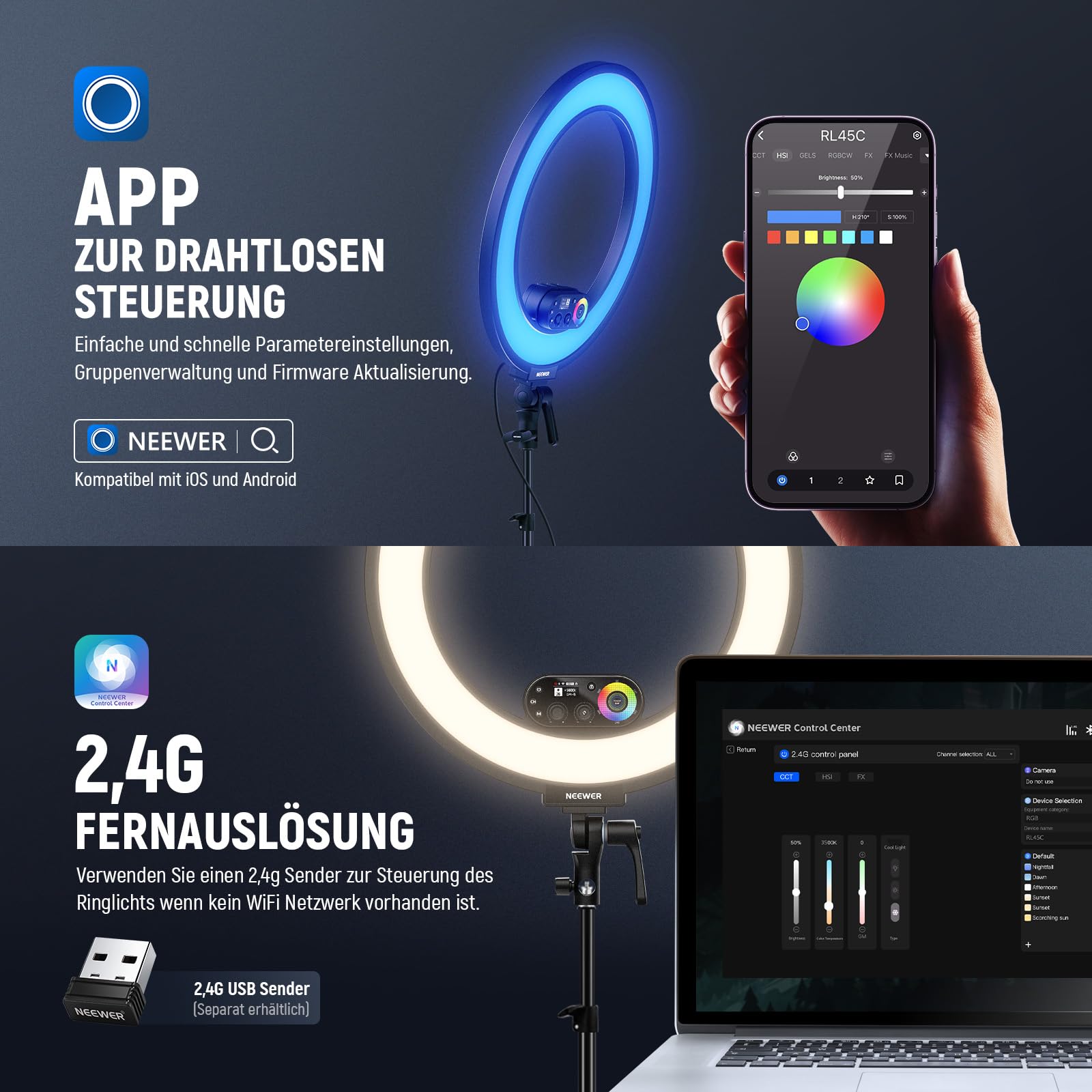 NEEWER RL45C 18" 45W RGB LED Ringlicht Edge Lit Licht mit Handy Stativ Fernbedienung CRI95+ 3100lux/0,5m 2500K-10000K 360° Vollfarben App/2,4G Steuerung Kompatibel mit iPhone Selfie Make up Videos