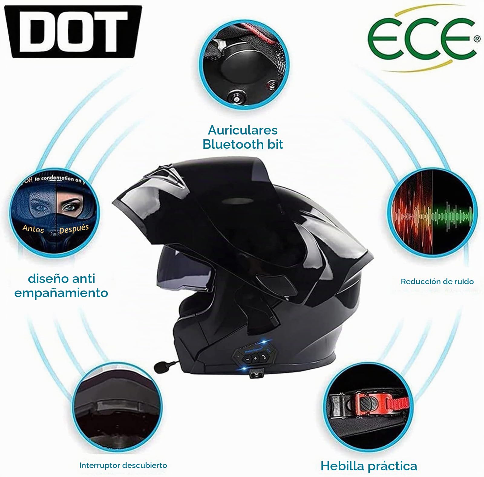 Casco abatible con Bluetooth, casco integral con Bluetooth, casco de moto con doble visera, certificado DOT para adultos, mujeres y hombres, casco de alta calidad. C,L=59-60CM