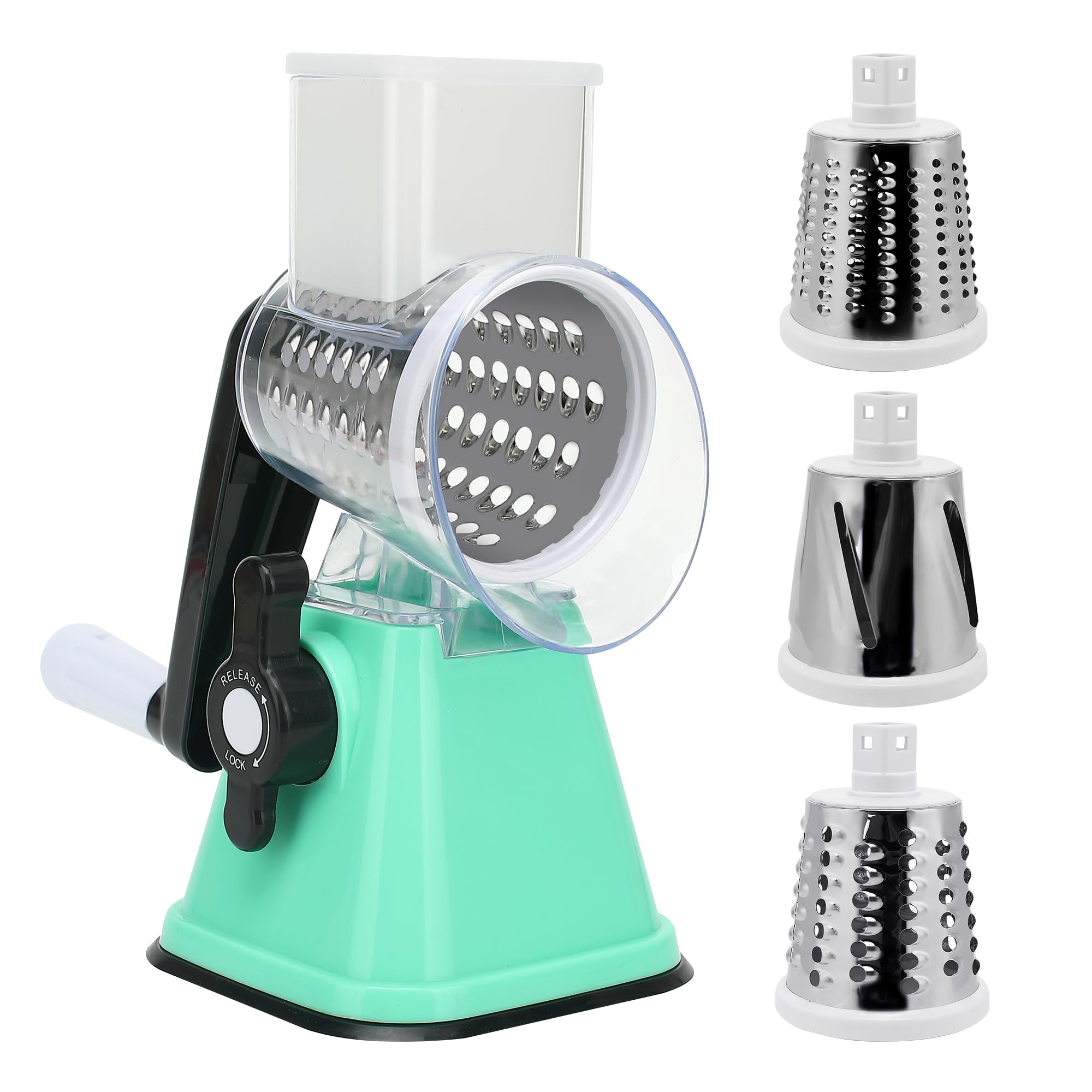 Ralladores de queso con asa, rallador giratorio manual con 3 cuchillas de tambor reemplazables para verduras, frutas, alimentos, frutos secos