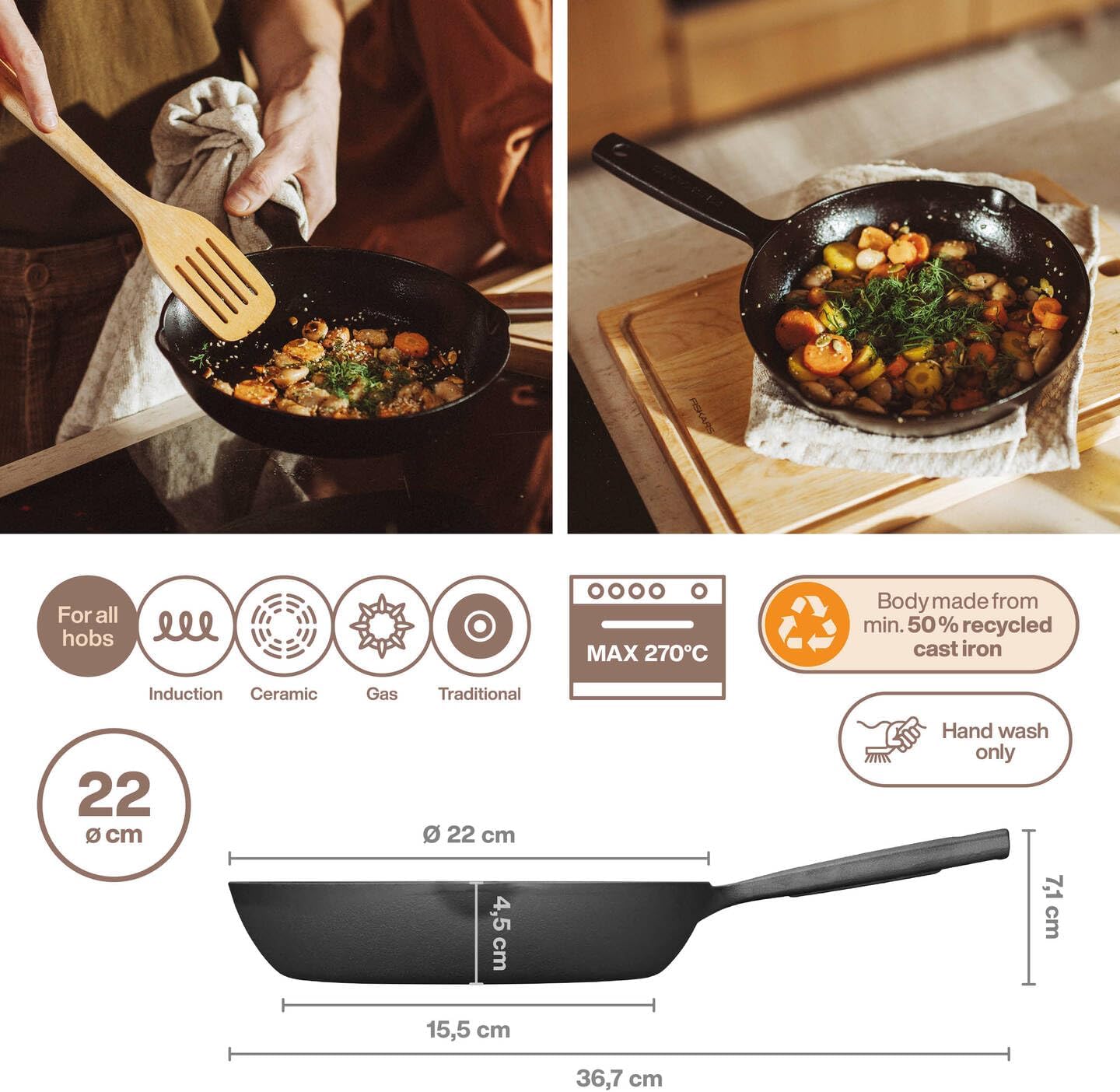 Person cooking vegetables in Fiskars Folken pan on an induction hob