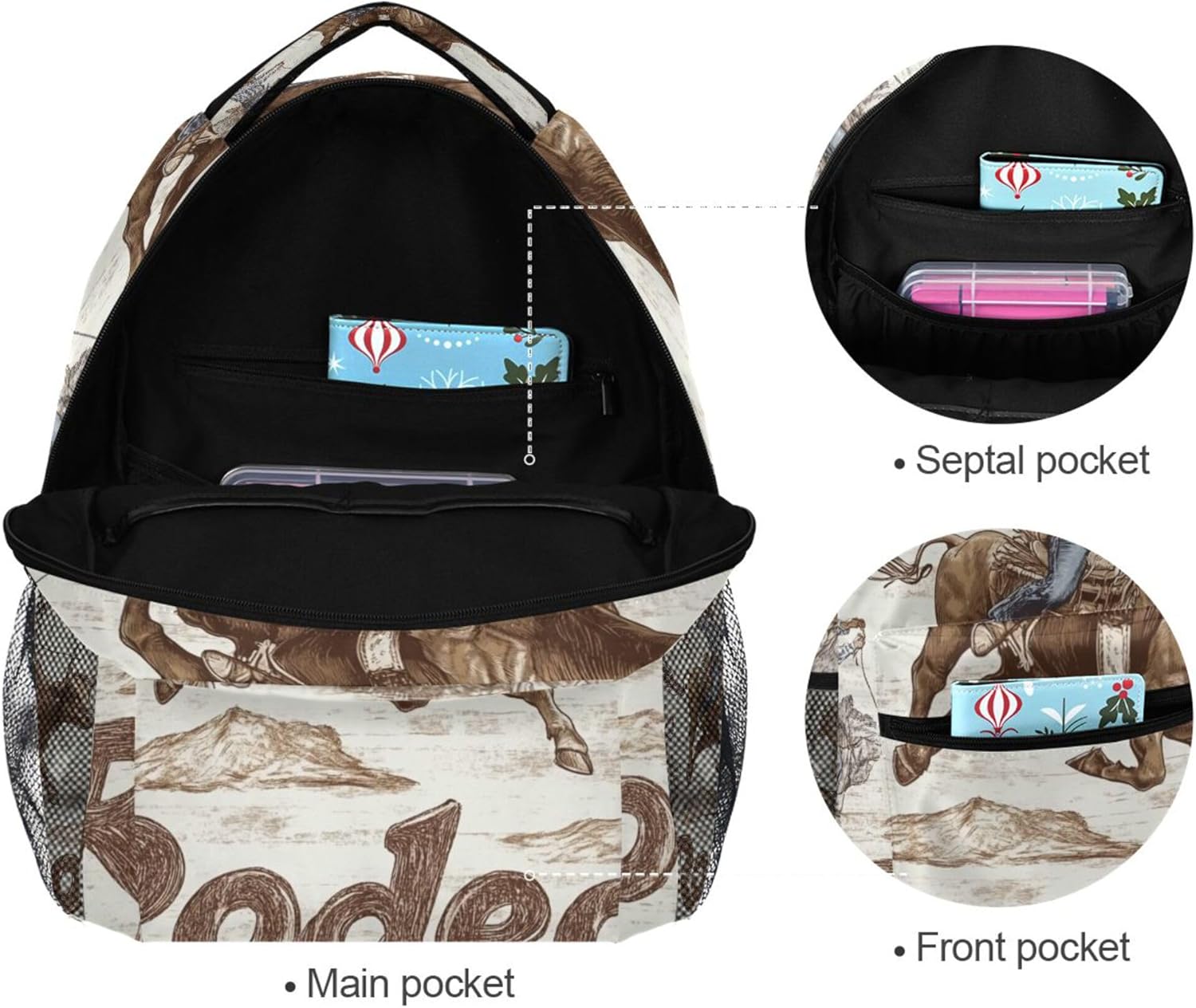 Cowboy Rodeo Pattern Backpack Laptop Tablet Travel School Bag with Name Tag for Boys Girls Teens