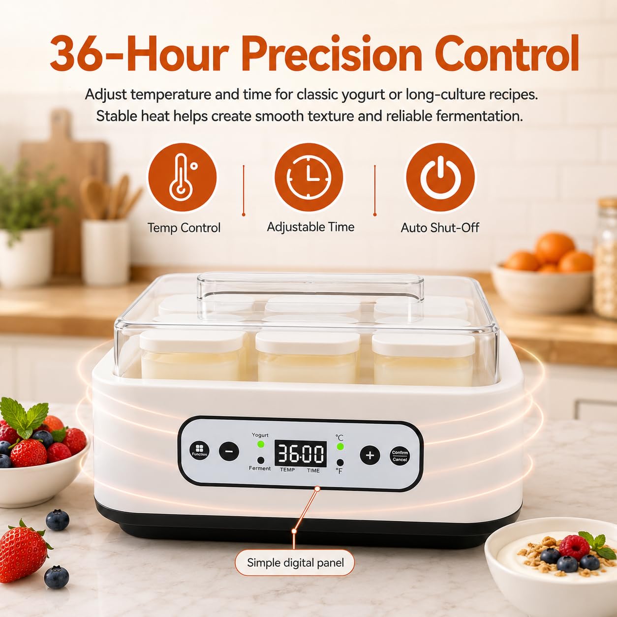 Yogurtera automática de 1000ML con 6 tarros, Control de Temperatura y Tiempo Ajustable de 36 Horas, fácil Limpieza, para Postre Griego casero